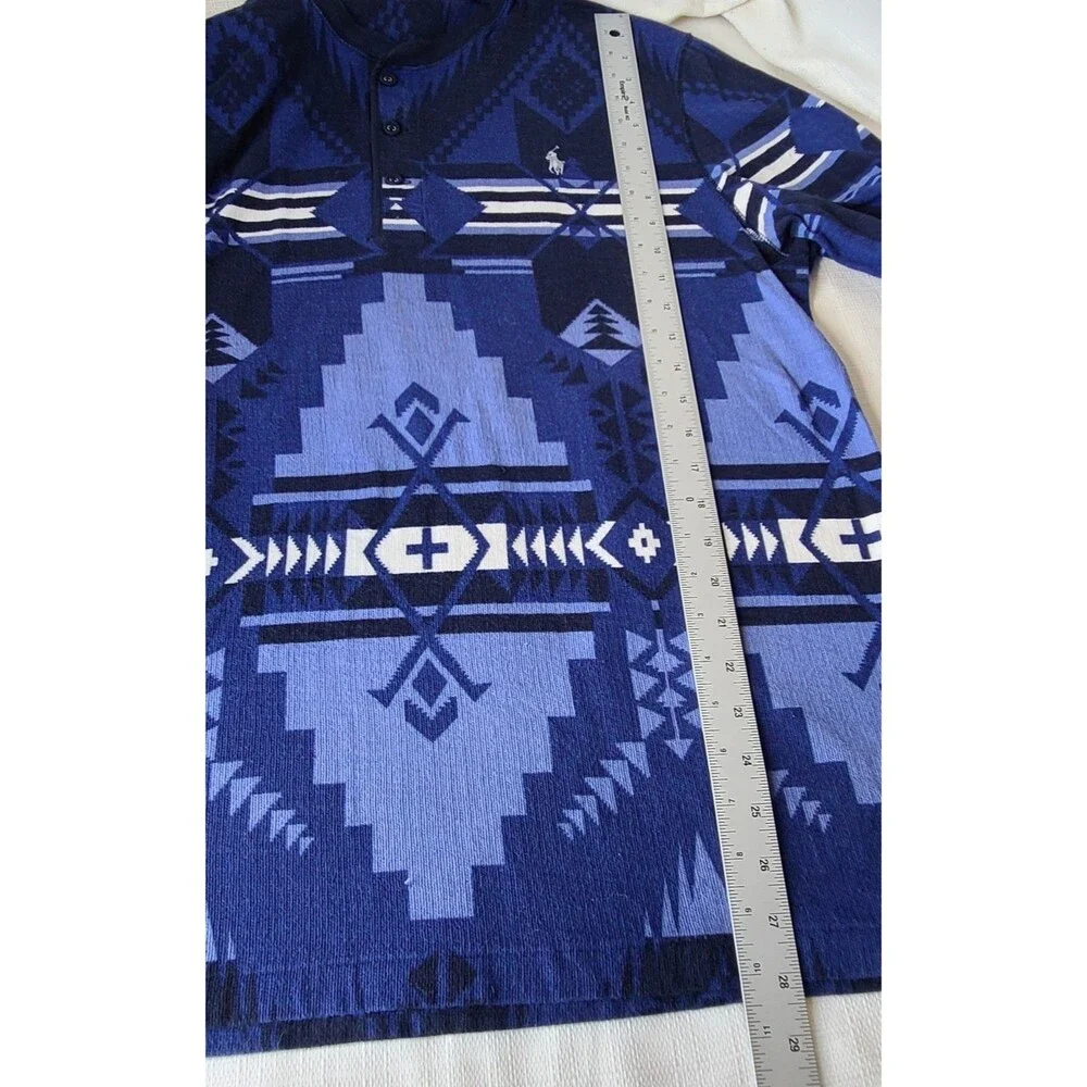 Polo Ralph Lauren XL Southwestern Aztec Henley Shirt Blue Long Sleeve Cotton